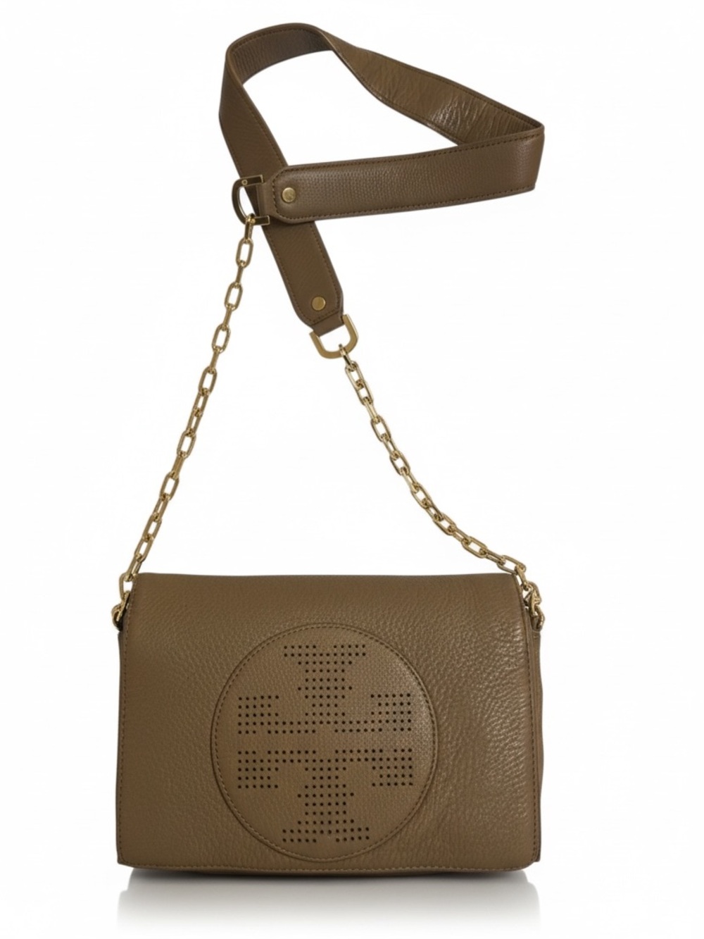 Tory Burch Kipp Leather Perforated Logo Chain Crossbody Shoulder Bag Taupe Clutc